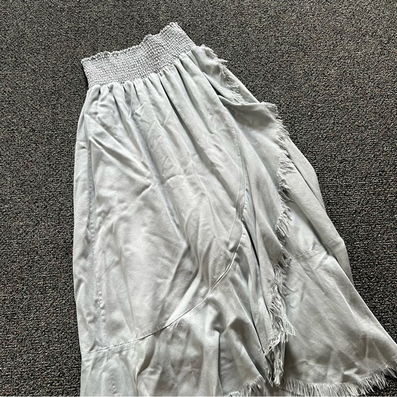 Pastel Baby Blue High Waisted Stretch Midi Maxi Ruffle Frayed Hem Modest Skirt L - Picture 2 of 16